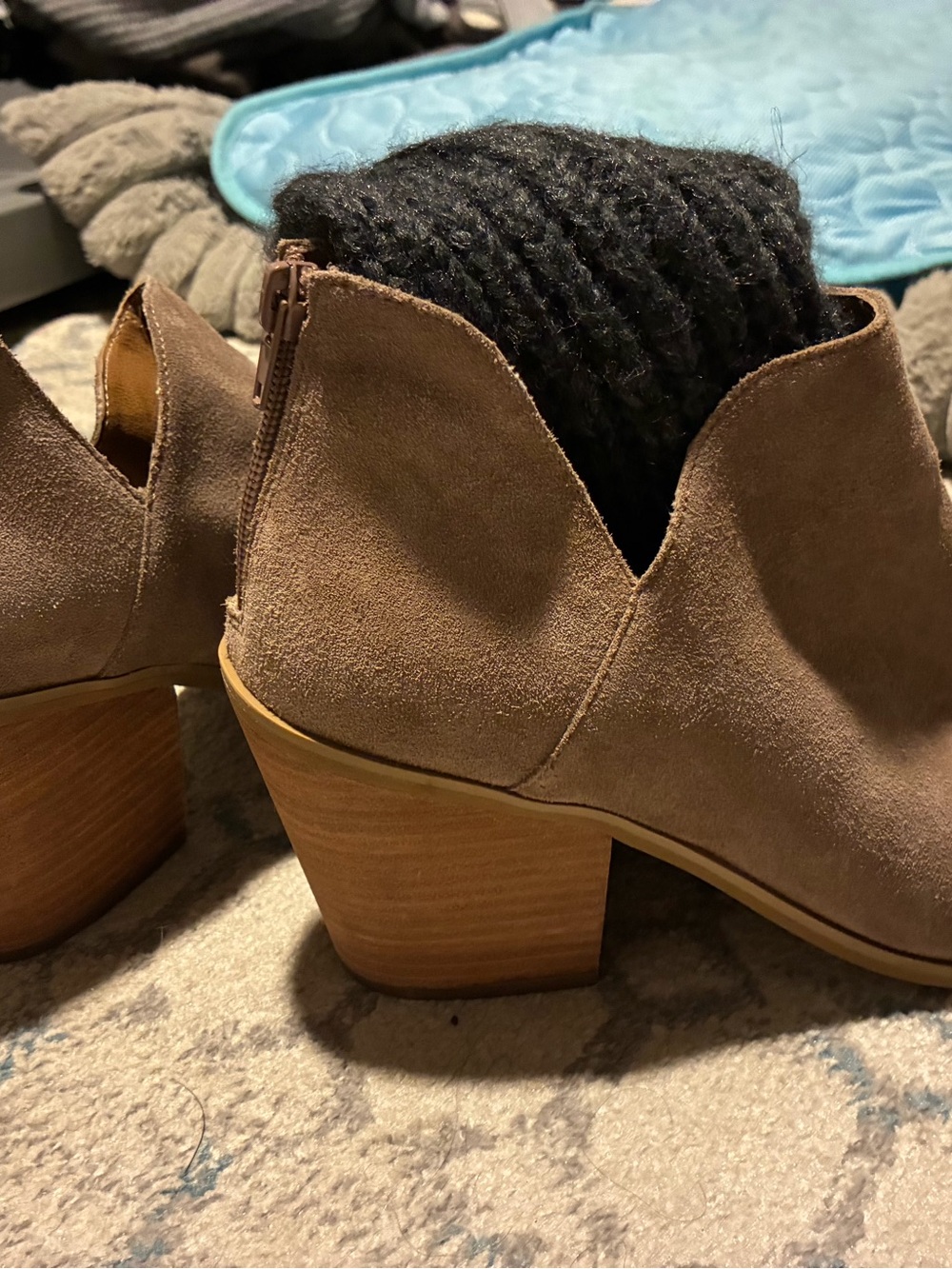 Women's Taupe Suede Ankle Booties with Wood Block Heel